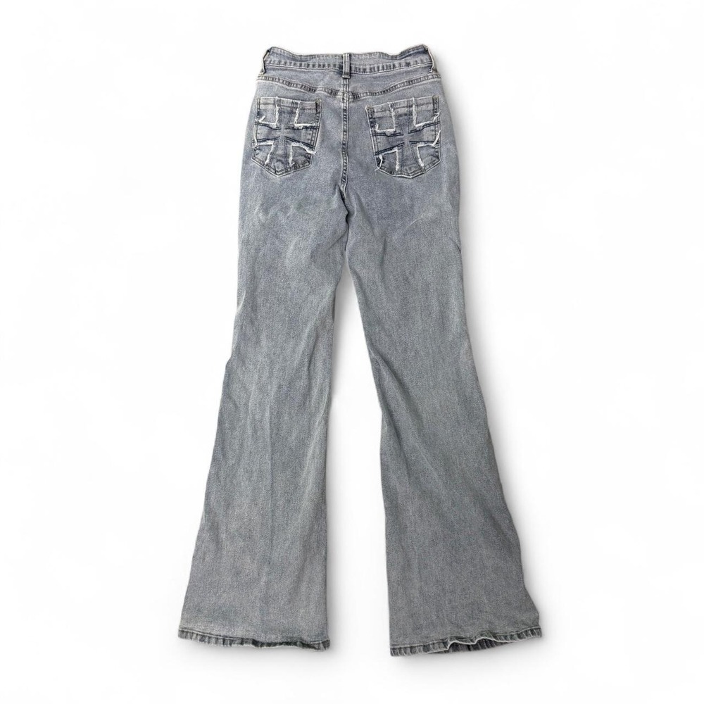 Y2K grunge pocket cross embroidery Romwe light wash flare jeans Union Jack M